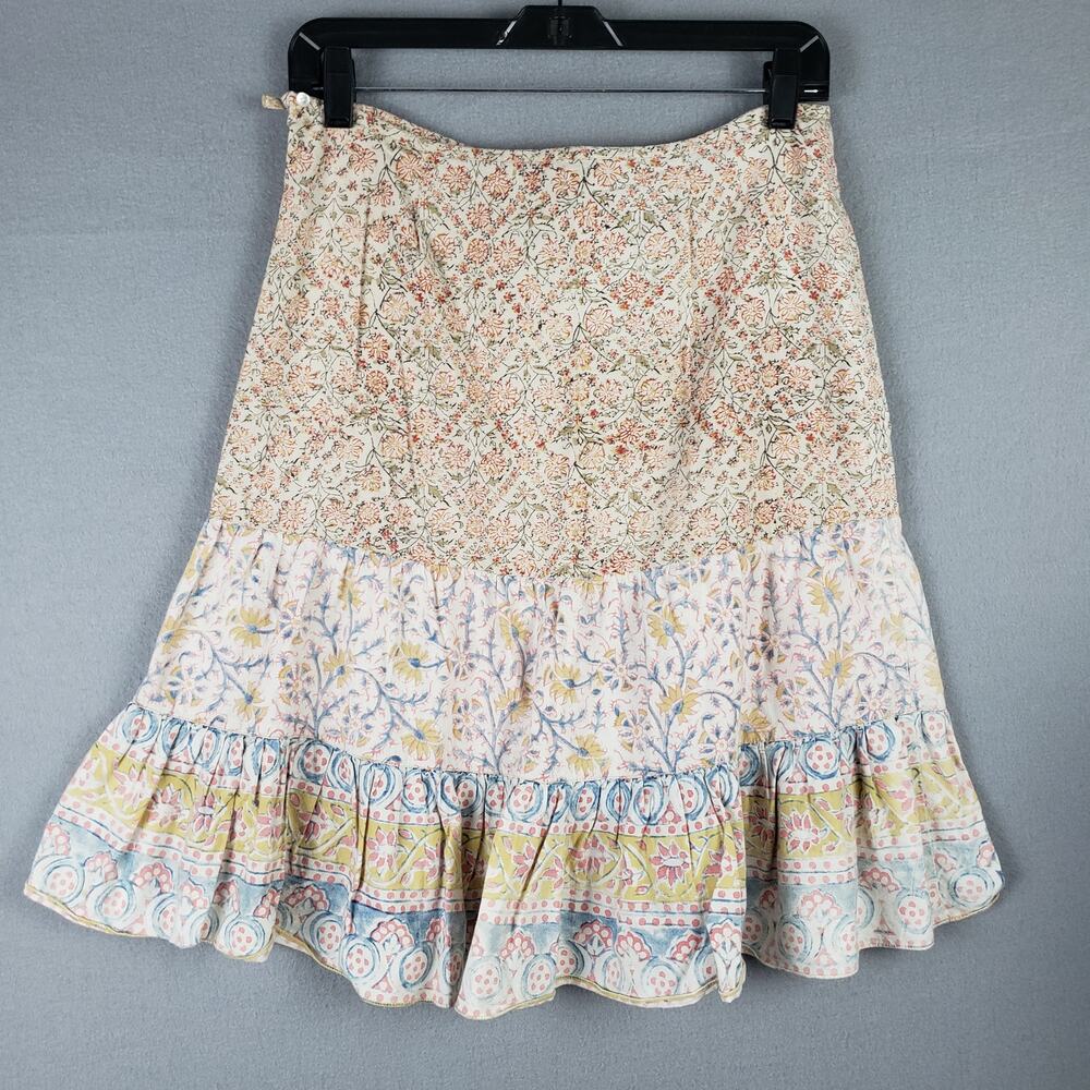 Lucky Brand Size S Tiered Peasant Skirt Blue Yellow Paisley Microfloral Cottage - Picture 7 of 7